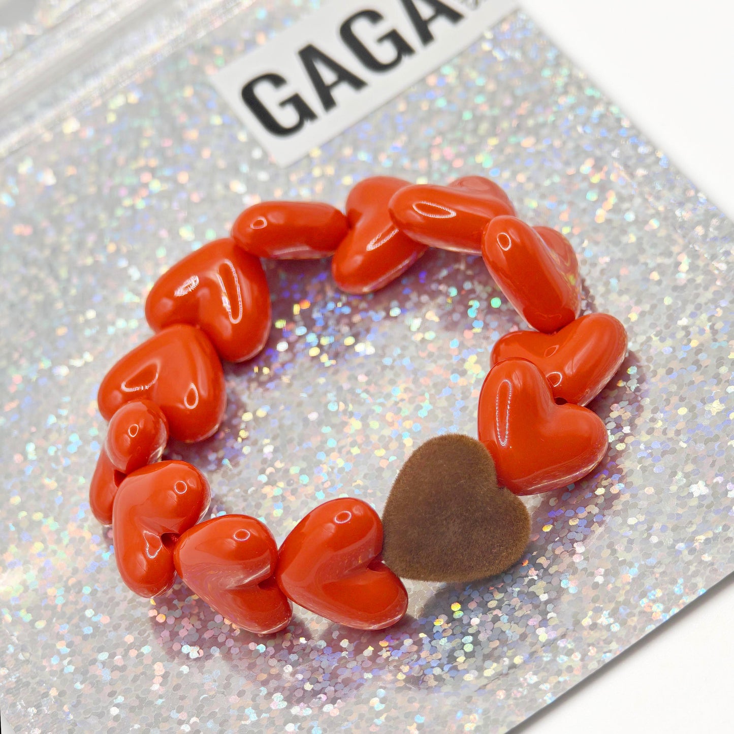 Bracelet GAGA - Only Rouge & Coeur Velours Marron