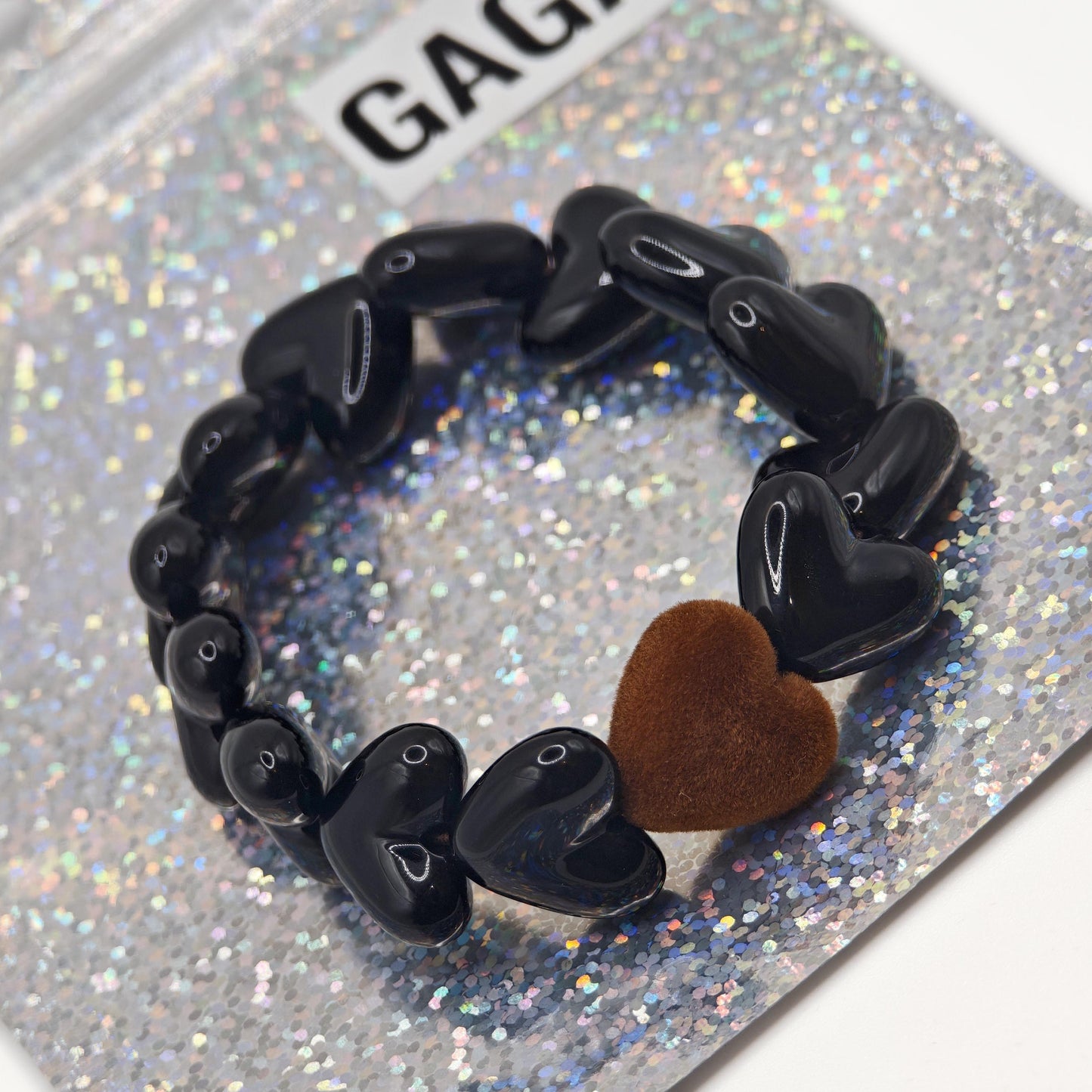 Bracelet GAGA - Only Noir & Coeur Velours Marron