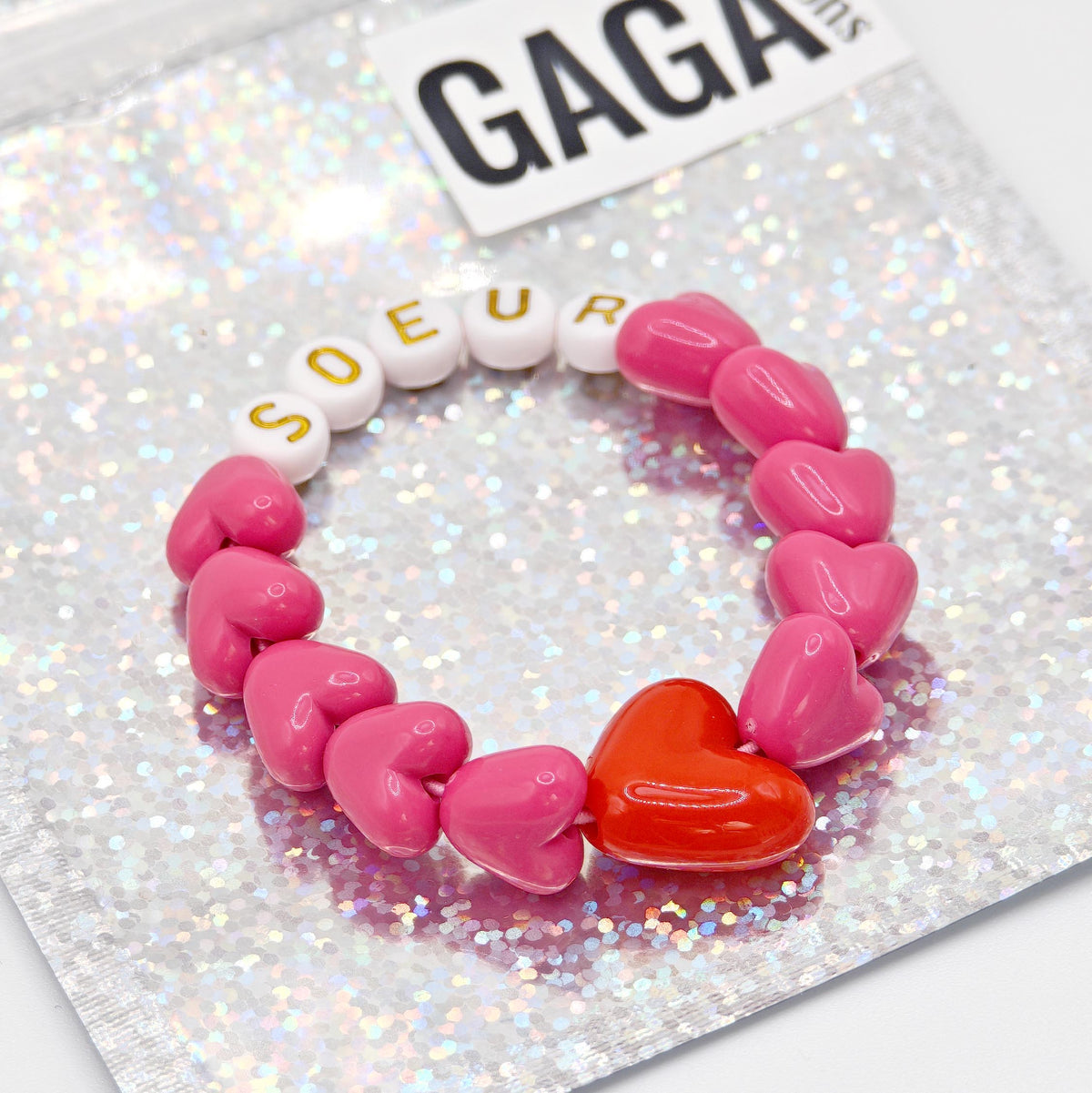 Bracelet GAGA - Fuchsia, Blanc doré & Maxi coeur Rouge