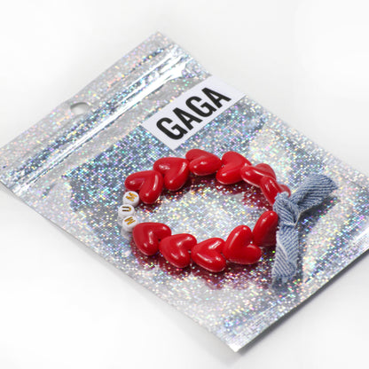 Bracelet GAGA - Rouge maxi coeurs & maxi noeud en jean !