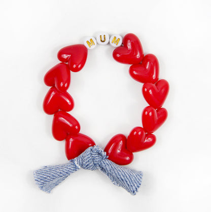 Bracelet GAGA - Rouge maxi coeurs & maxi noeud en jean !