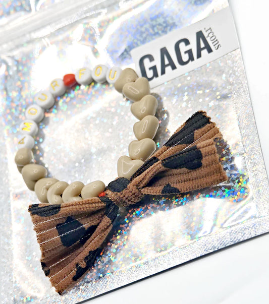 Bracelet GAGA - Café au lait, Blanc Doré, ❤️ & Maxi Noeud Léopard