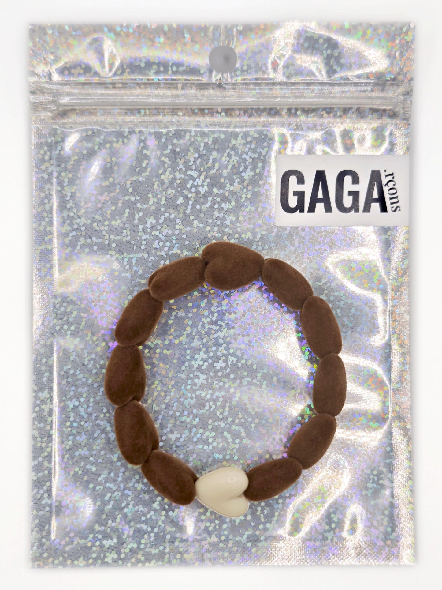 Bracelet GAGA - Only Velours Marron & Maxi Coeur Beige