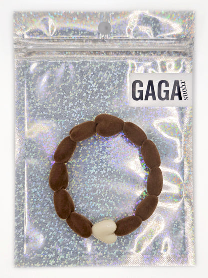 Bracelet GAGA - Only Velours Marron & Maxi Coeur Beige