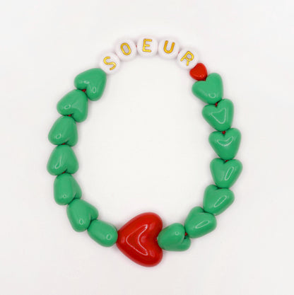 Bracelet GAGA - Vert flashy, Blanc doré & Maxi coeur Rouge