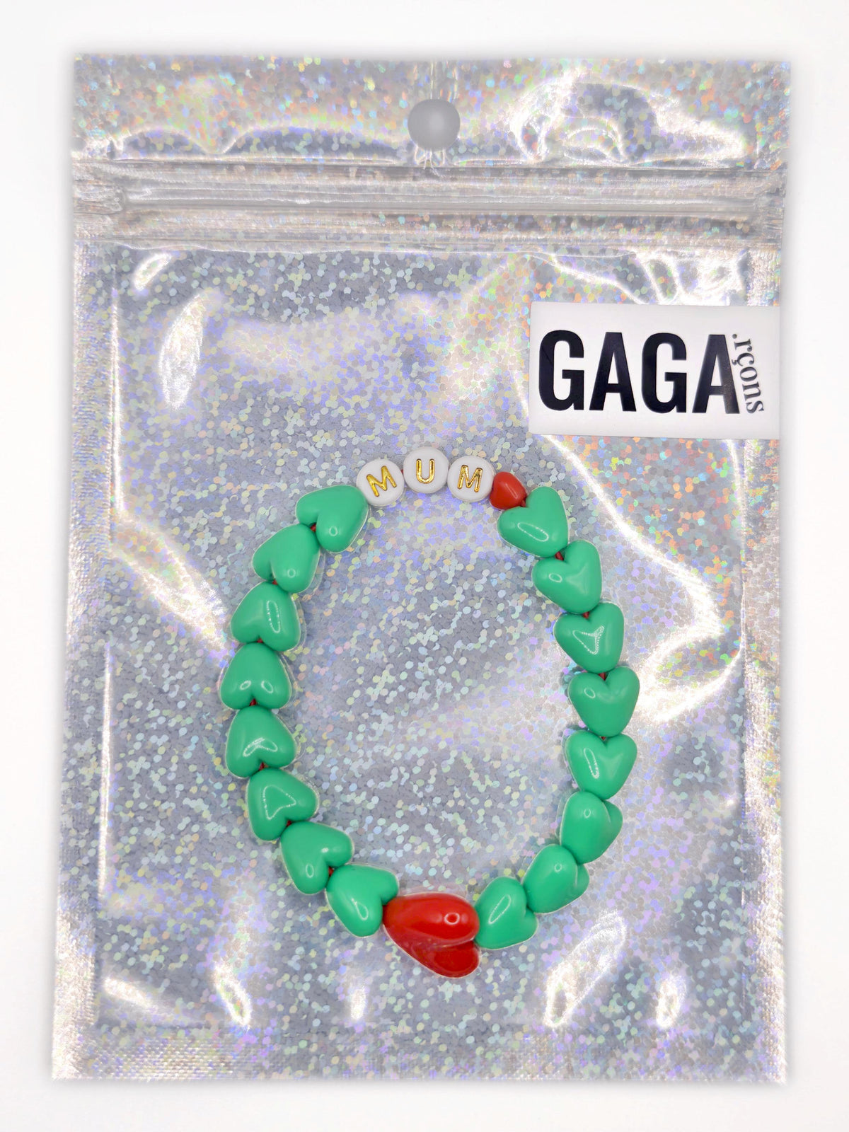 Bracelet GAGA - Vert flashy, Blanc doré & Maxi coeur Rouge