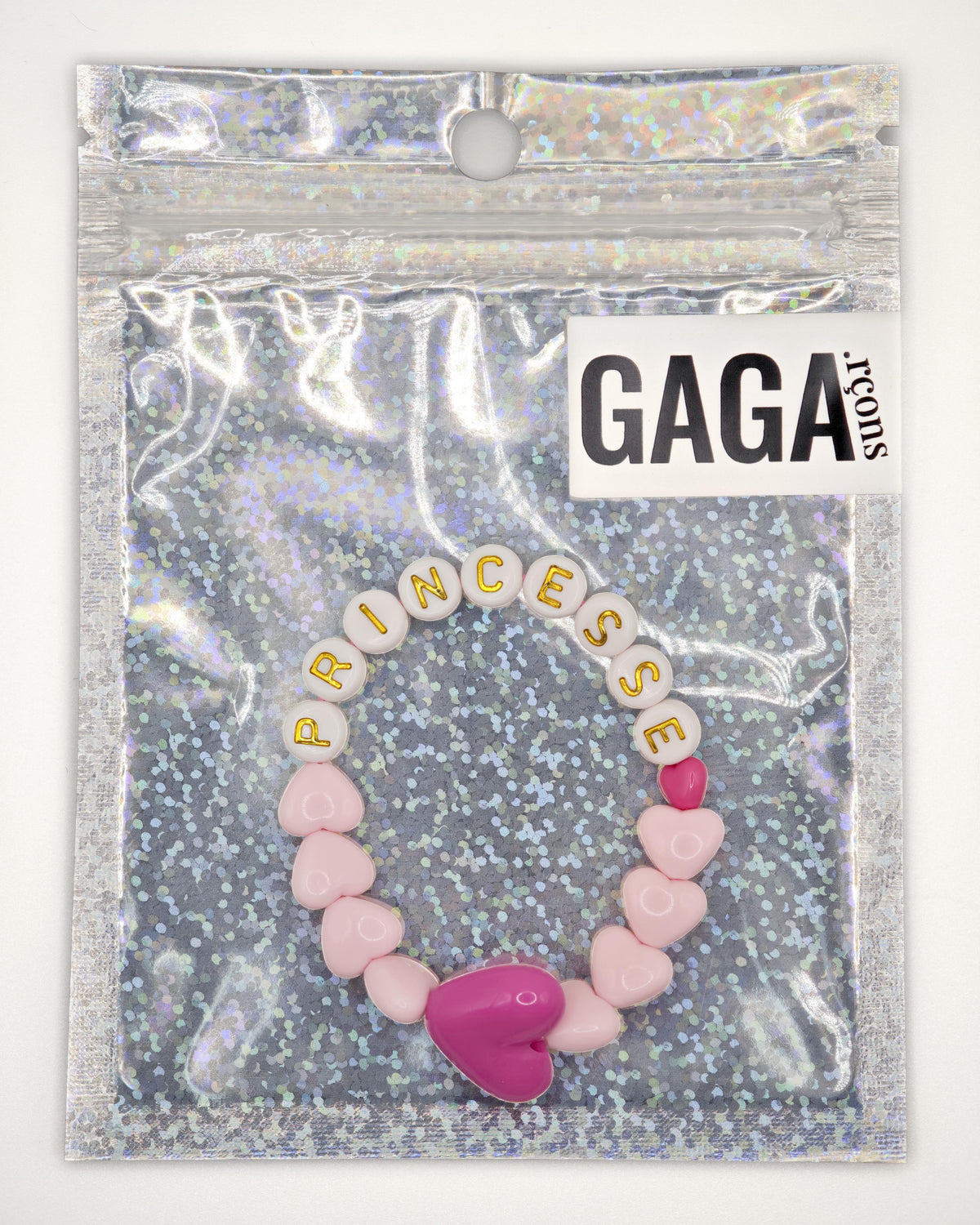 Bracelet GAGA - Rose pastel, Blanc doré  & Maxi coeur Fuchsia