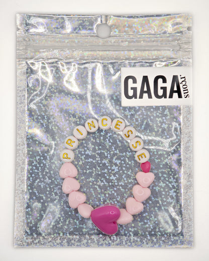 Bracelet GAGA - Rose pastel, Blanc doré  & Maxi coeur Fuchsia
