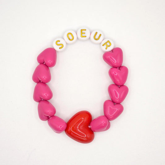 Bracelet GAGA - Fuchsia, Blanc doré & Maxi coeur Rouge