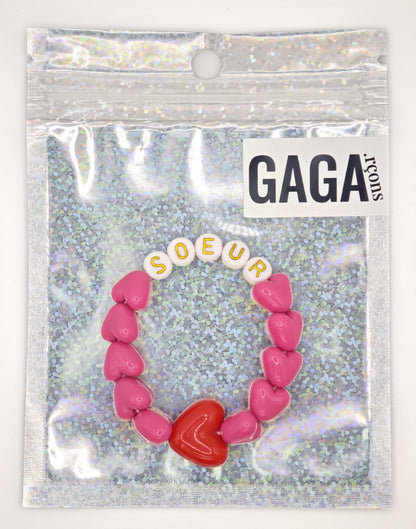 Bracelet GAGA - Fuchsia, Blanc doré & Maxi coeur Rouge