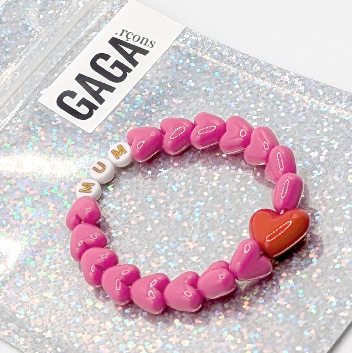 Bracelet GAGA - Fuchsia, Blanc doré & Maxi coeur rouge