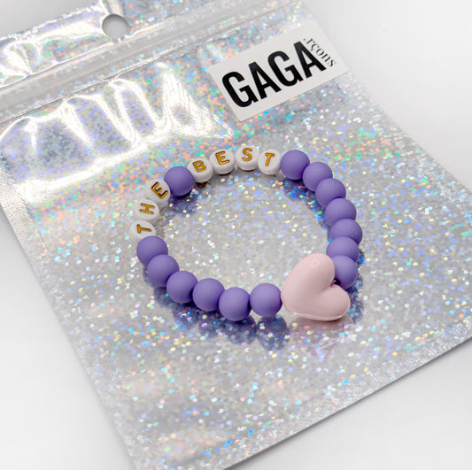 Bracelet GAGA - Violet, Blanc doré & Maxi coeur Rose pastel
