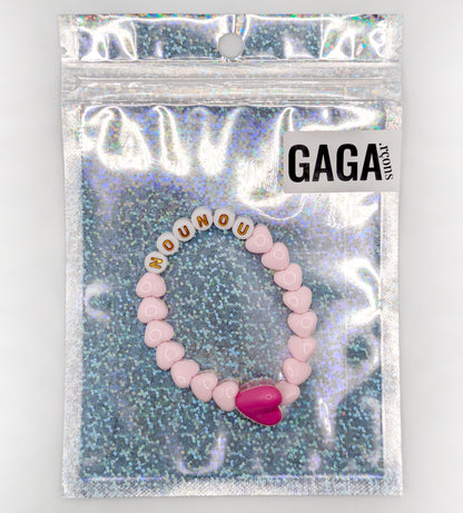 Bracelet GAGA - Rose pastel, Blanc doré & Maxi coeur Fuchsia