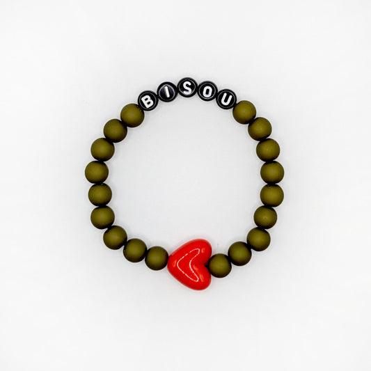 Bracelet GAGA - Kaki mat, Noir & Maxi coeur Rouge