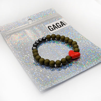 Bracelet GAGA - Kaki mat, Noir & Maxi coeur Rouge