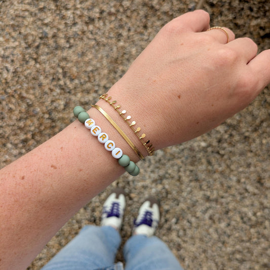 Bracelet GAGA - Matcha mat, Blanc doré & Maxi coeur Fuchsia